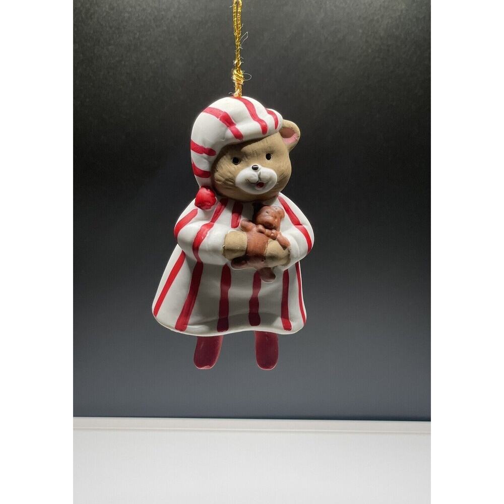 Vintage Whimsical Bear Christmas Ornament 1986 Giftco Red&White PJ Dangling Legs